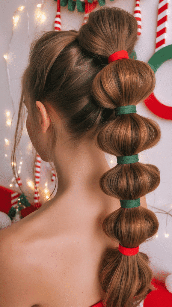 30 Cute Christmas Hairstyles for Girls Perfect for Holiday Parties 21  Bubble Ponytail with Christmas Colors