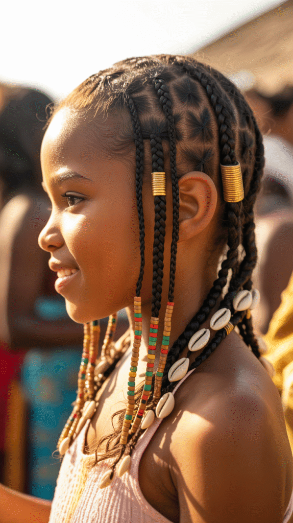 33 Fun Braided Hairstyles for Kids with Beads 28 Fulani Braids with Mixed Beads and Cowrie Shells