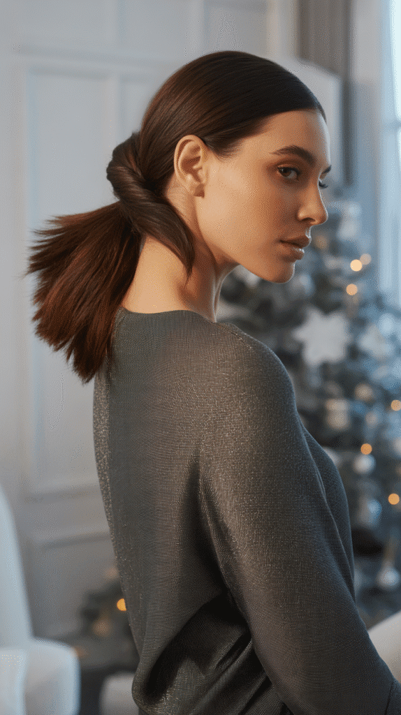 30 Easy Christmas Party Hairstyles for Medium Hair That Save Time 16 Asymmetrical Low Ponytail with Twist Detail