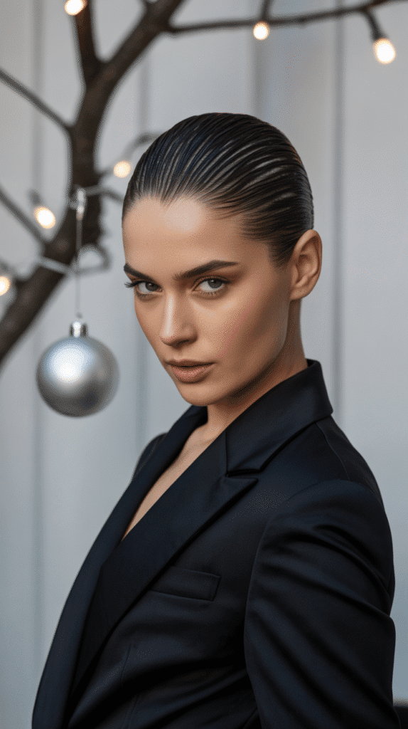 33 Trendy Christmas Party Hairstyles for Short Hair That Shine Bright 6 Slicked Back Wet Look