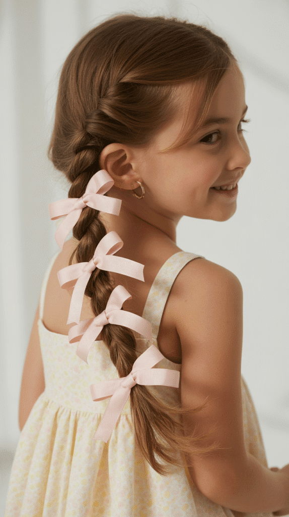 27 Easy Braided Hairstyles for Kids 3 Side Braid with Ribbon