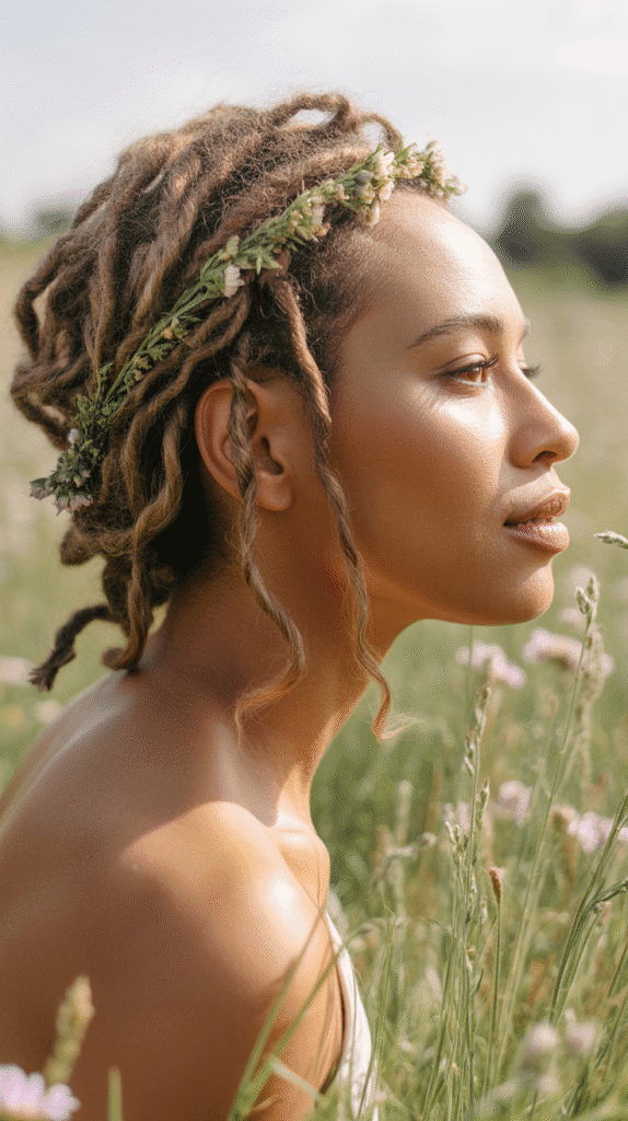 30 Beautiful Medium Dreadlock Styles for Black Women That Stand Out 17 Braided Crown with Medium Locs