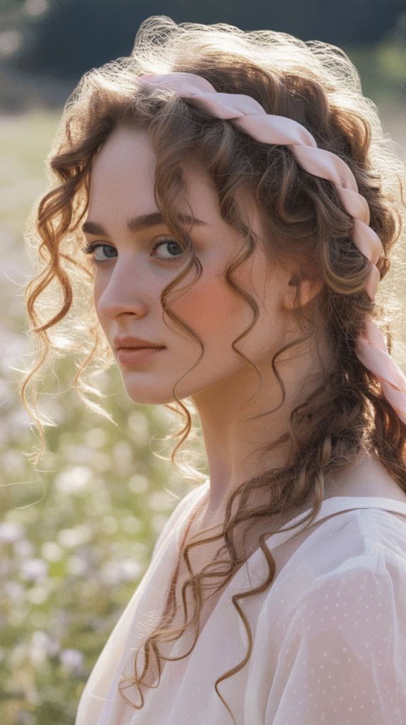 33 Stunning Curly Half-Up Half-Down Hairstyles 18 Curly Half-Up with Ribbon Weave