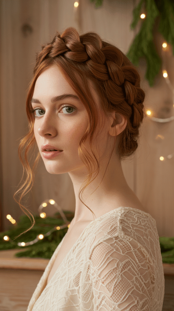 27 Chic Christmas Party Hairstyles for Medium Hair That Dazzle 5 Braided Crown with Loose Ends