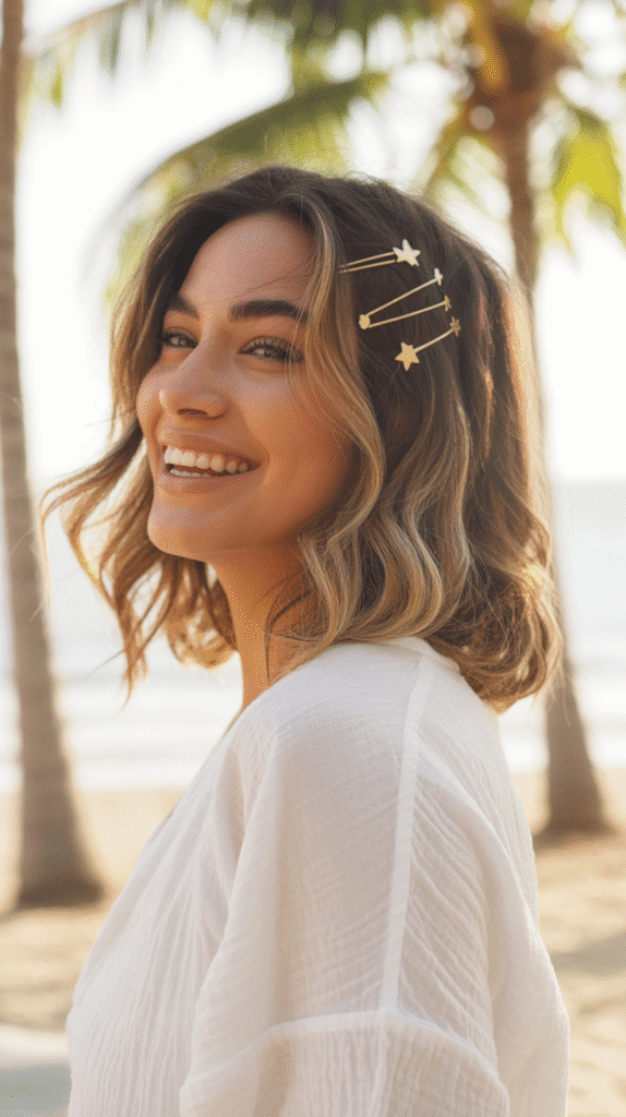 27 Chic Christmas Party Hairstyles for Medium Hair That Dazzle 15 Beachy Waves with Metallic Hair Accessories