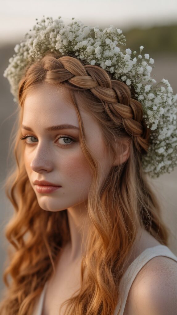 33 Trendy French Braided Hairstyles with a Chic Twist 4 French Braid Crown with Floral Accents