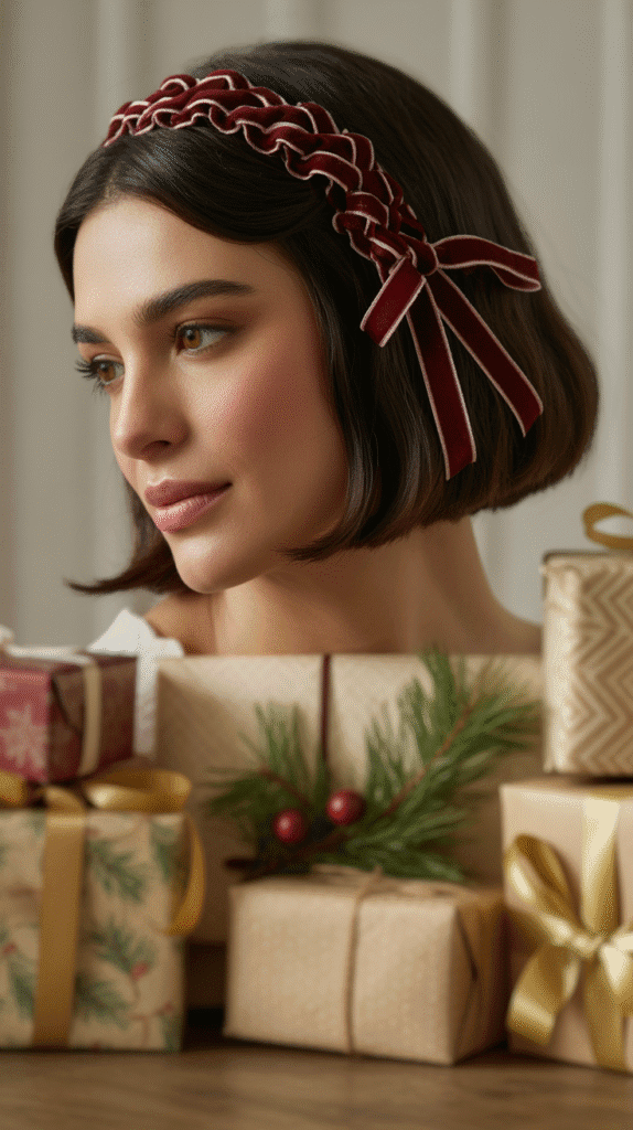 33 Trendy Christmas Party Hairstyles for Short Hair That Shine Bright 19 Velvet Ribbon Wrapped Style