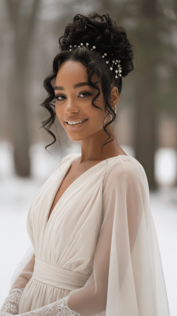 25 Breathtaking Winter Wedding Hairstyles for Black Brides 23 Textured High Bun with Face-Framing Curls