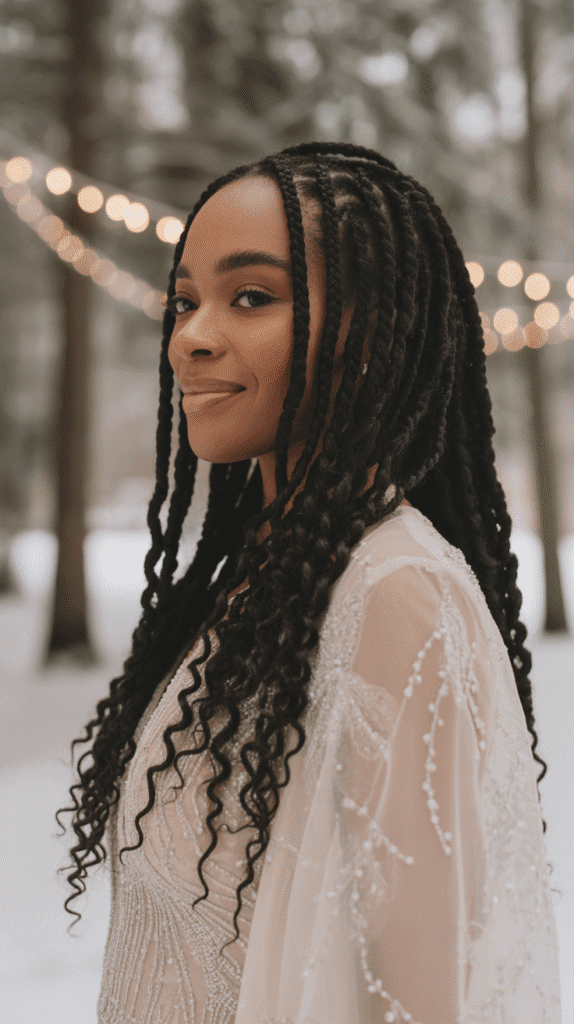 25 Breathtaking Winter Wedding Hairstyles for Black Brides 17 Knotless Braids with Cascading Curls