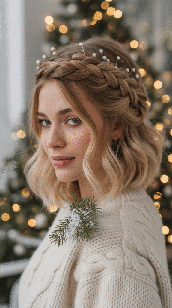 27 Stylish Christmas Party Hairstyles for Mid-Length Hair to Try Now 2 Braided Crown with Loose Ends