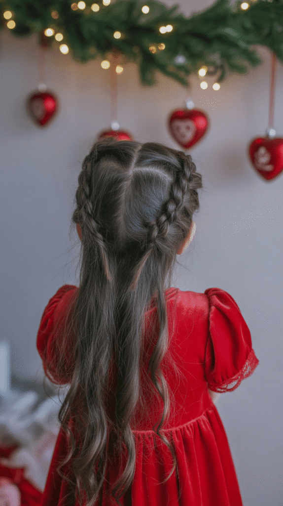 30 Cute Christmas Party Hairstyles for Kids That Are Adorable 27 Half-Up Braided Hearts