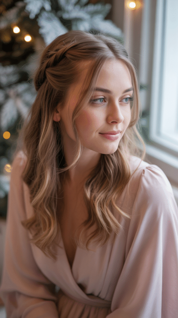 30 Easy Christmas Party Hairstyles for Medium Hair That Save Time 17 Waterfall Braid Half-Up