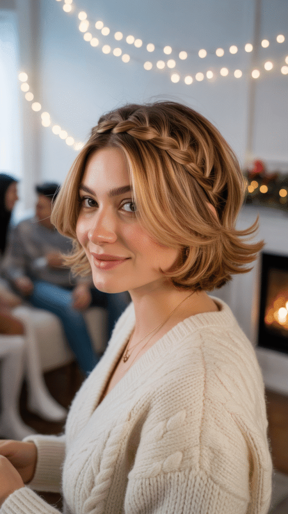 33 Trendy Christmas Party Hairstyles for Short Hair That Shine Bright 8 Braided Headband Accent