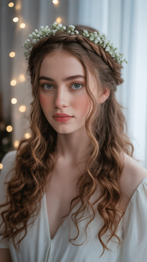 27 Easy Christmas Party Hairstyles for Long Hair Perfect for the Holidays 3 Romantic Half-Up Twisted Crown
