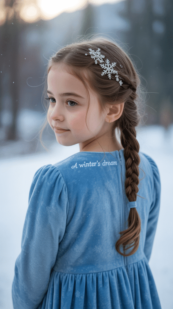 30 Cute Christmas Party Hairstyles for Kids That Are Adorable 17 Fishtail Braid with Snowflake Pins