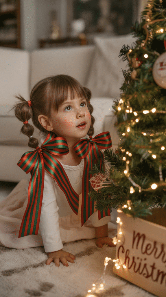30 Cute Christmas Party Hairstyles for Kids That Are Adorable 25 Low Pigtails with Ribbons and Bows
