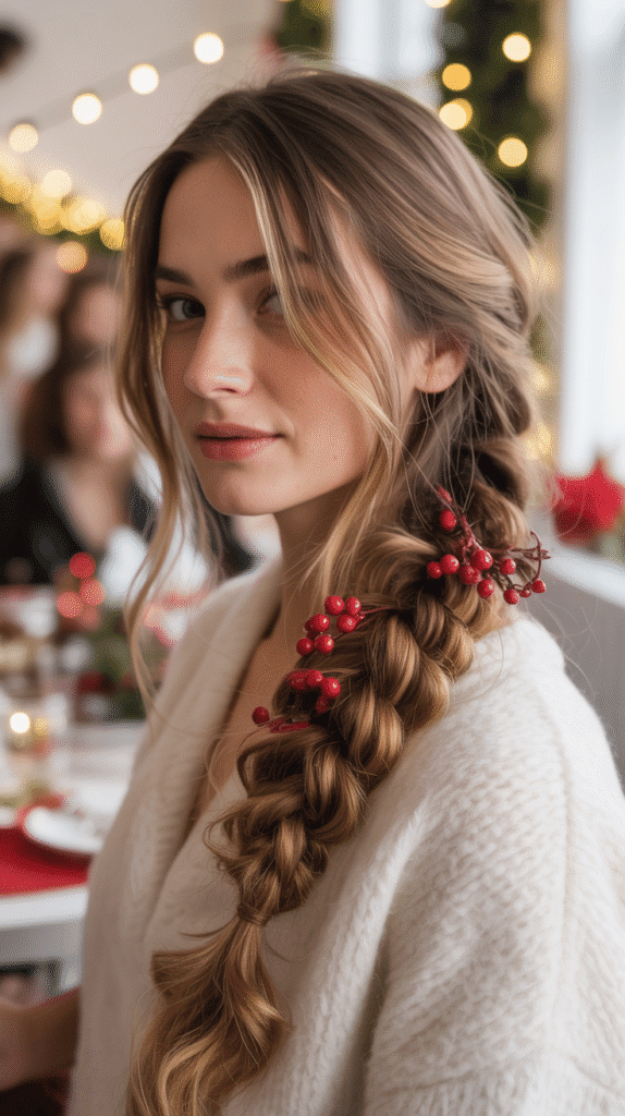 27 Easy Christmas Party Hairstyles for Long Hair Perfect for the Holidays 7 Fishtail Braid Side Sweep