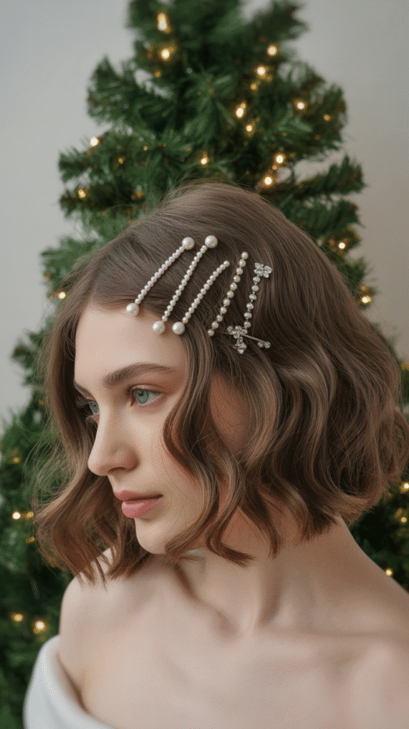 33 Trendy Christmas Party Hairstyles for Short Hair That Shine Bright 12 Pearl and Crystal Hair Pins Scattered Throughout