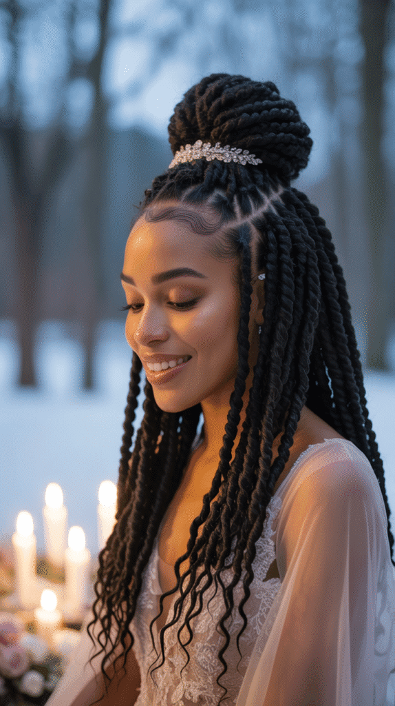 25 Breathtaking Winter Wedding Hairstyles for Black Brides 15 Passion Twists Half-Up Style