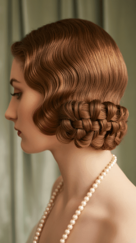 33 Elegant 1930s Updo Hairstyles for Long Hair You Must Try 4 Low Braided Chignon with Finger Waves