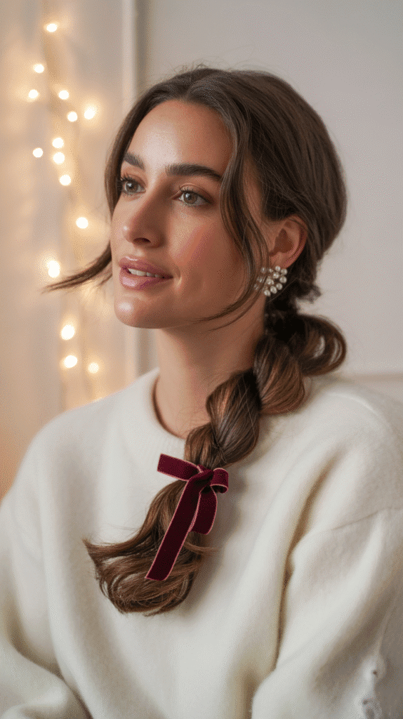 27 Chic Christmas Party Hairstyles for Medium Hair That Dazzle 19 Twisted Low Ponytail with Ribbon Wrap