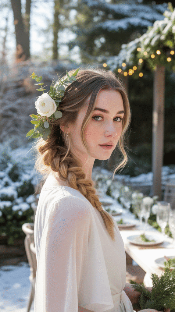 33 Simple Christmas Party Hairstyles for Medium Hair That Look Stunning 31 Loose Side Fishtail with Flowers