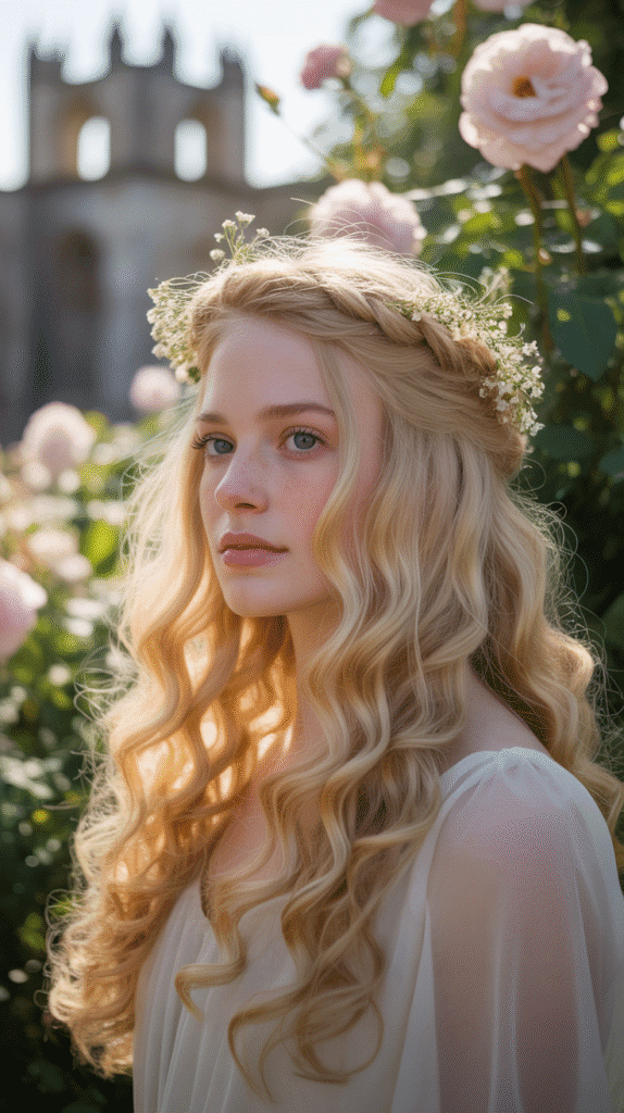 33 Gorgeous Medieval Hairstyles for Blonde Princesses 12 Twisted Crown with Flowing Back