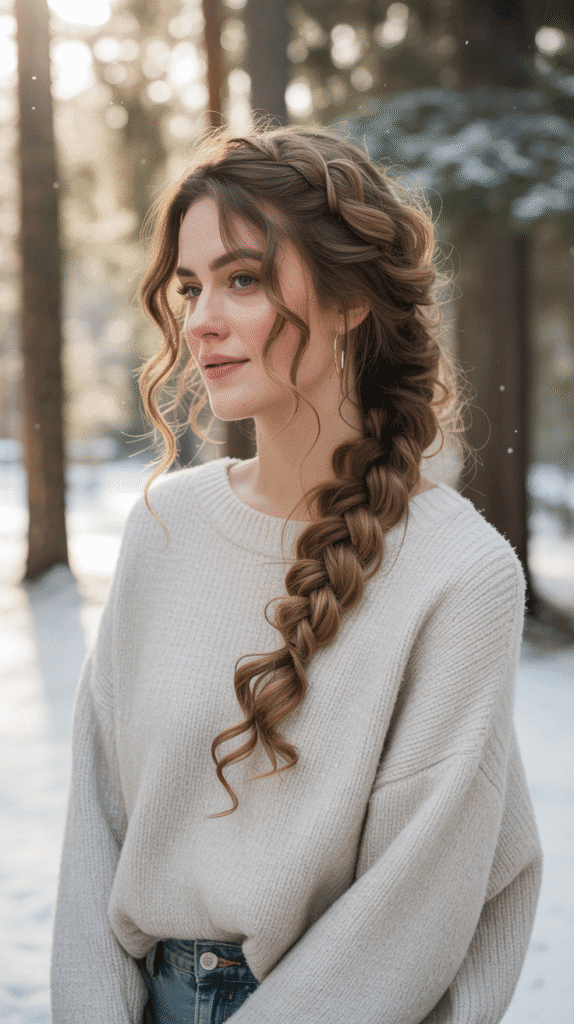 30 Gorgeous Christmas Party Hairstyles with Long Curls That Turn Heads 25 Voluminous Side Braid with Curls
