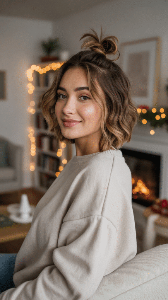 33 Trendy Christmas Party Hairstyles for Short Hair That Shine Bright 21 Half-Up Tiny Top Knot
