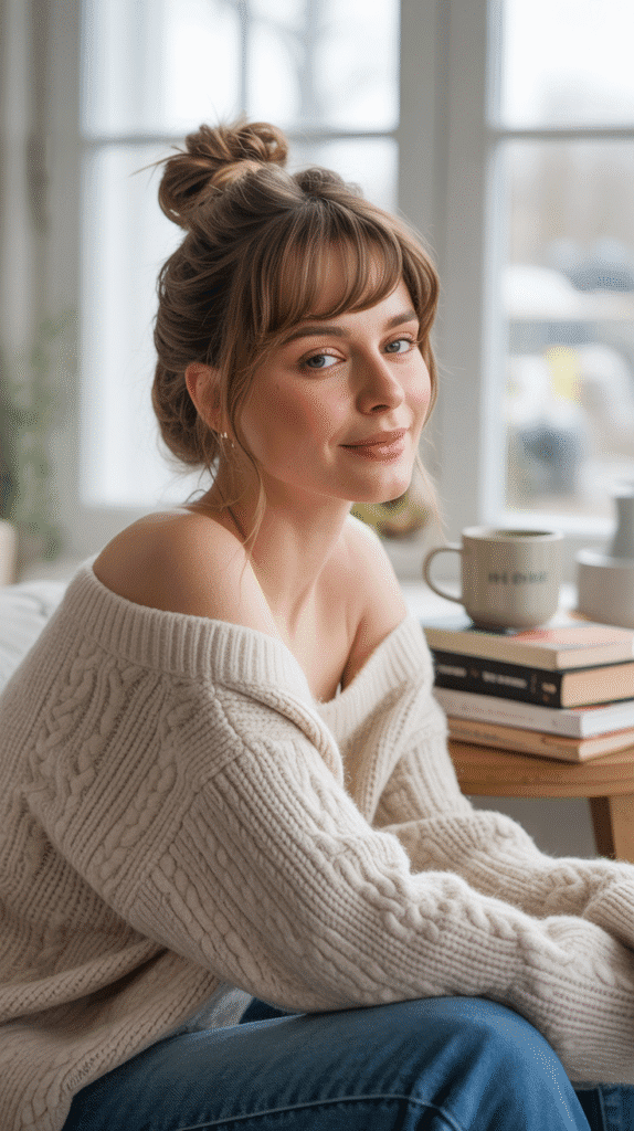 27 Aesthetic French Hairstyles That Elevate Your Look 25 Soft French Bangs with Top Knot