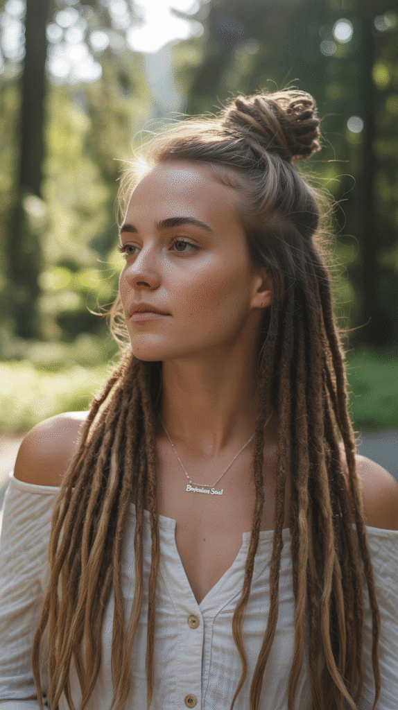 33 Latest Long Dreadlock Styles Full of Elegance and Style 4 Half-Up Half-Down Crown Style