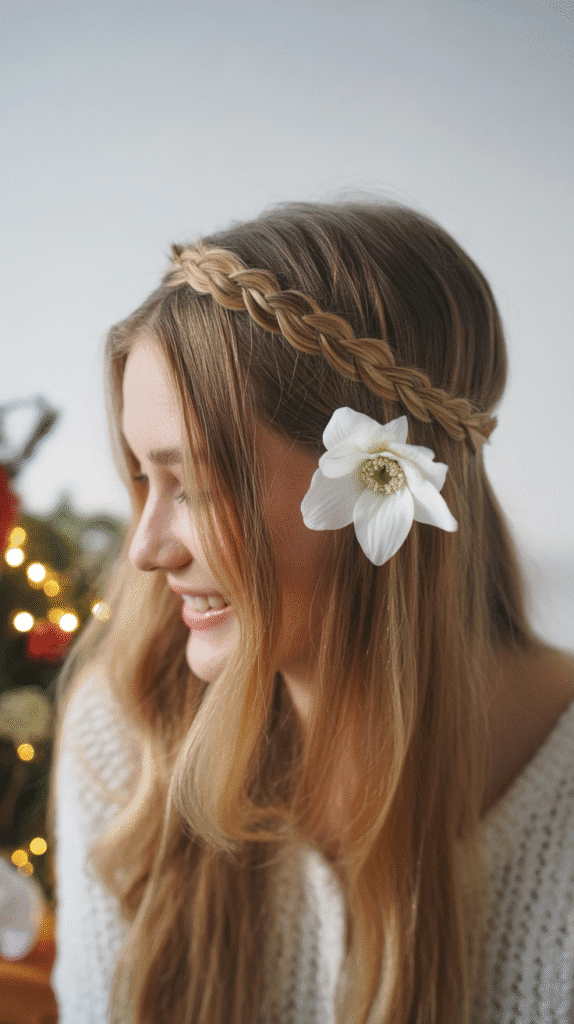27 Easy Christmas Party Hairstyles for Long Hair Perfect for the Holidays 21 Braided Headband with Loose Hair