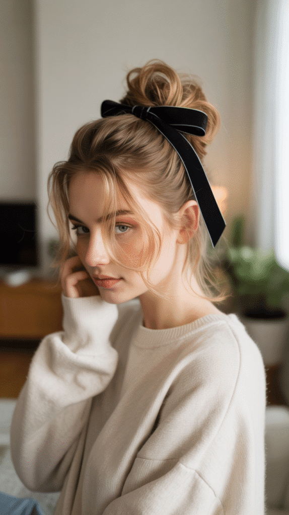 27 Aesthetic French Hairstyles That Elevate Your Look 27 Textured Low Bun with Ribbon