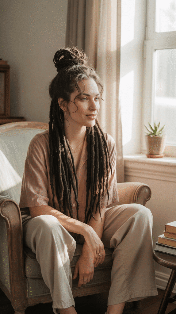 33 Latest Dreadlock Styles for Long Hair That Turn Heads 20 Messy Top Knot with Wisps