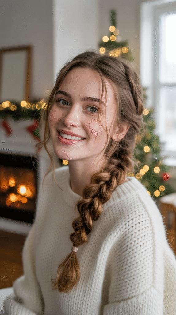 30 Elegant Christmas Party Hairstyles for Long Hair You'll Love 13 Messy Side Braid with Face-Framing Pieces