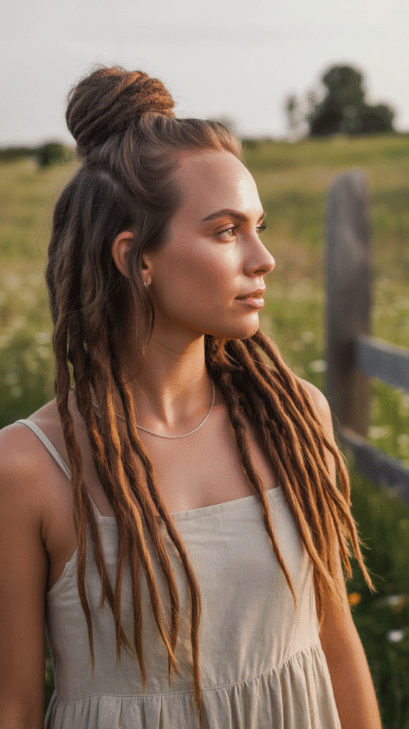 33 Latest Dreadlock Styles for Long Hair That Turn Heads 2 Half-Up Top Knot