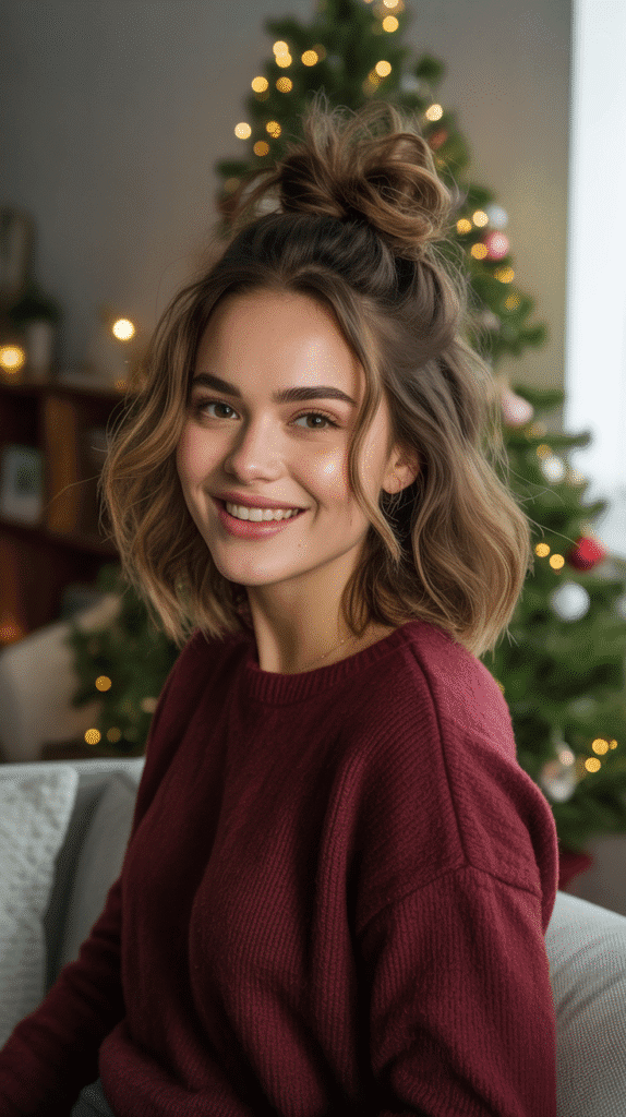 33 Simple Christmas Party Hairstyles for Medium Hair That Look Stunning 6 Messy Textured Bun with Face-Framing Pieces