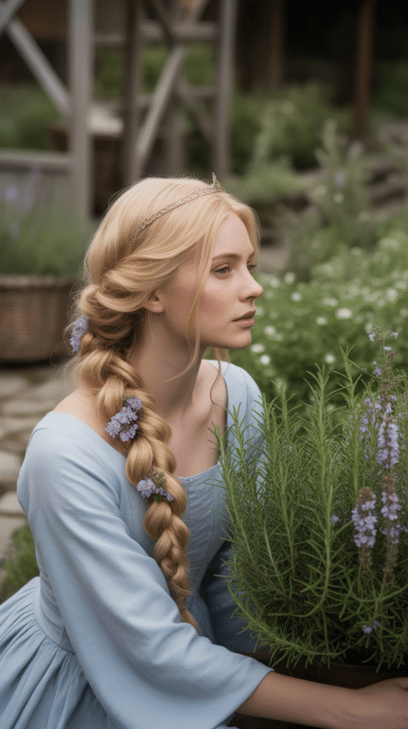 33 Gorgeous Medieval Hairstyles for Blonde Princesses 28 Simple Low Braid with Flowers