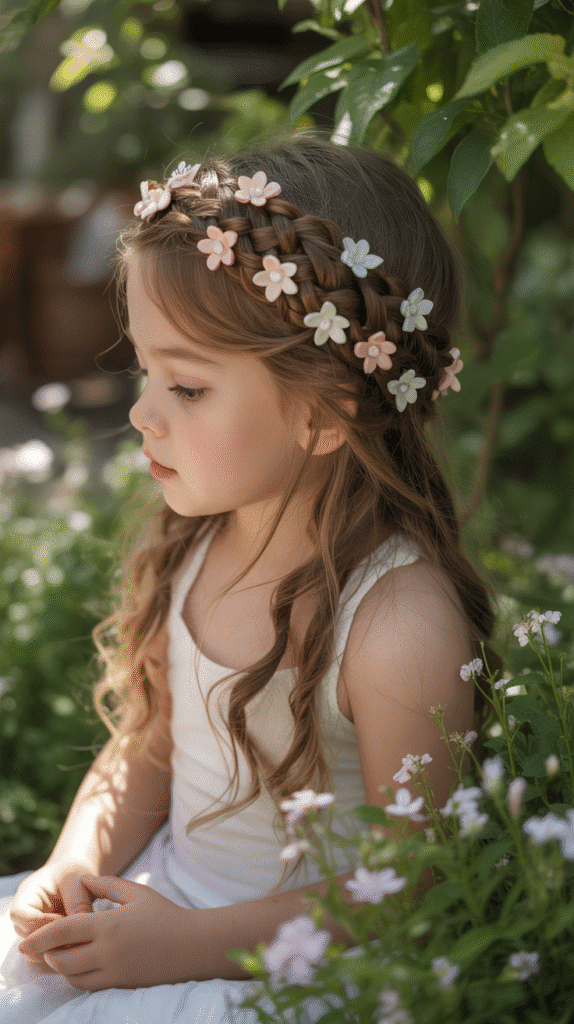 33 Fun Braided Hairstyles for Kids with Beads 27 Crown and Loose Braids with Flower-Shaped Beads