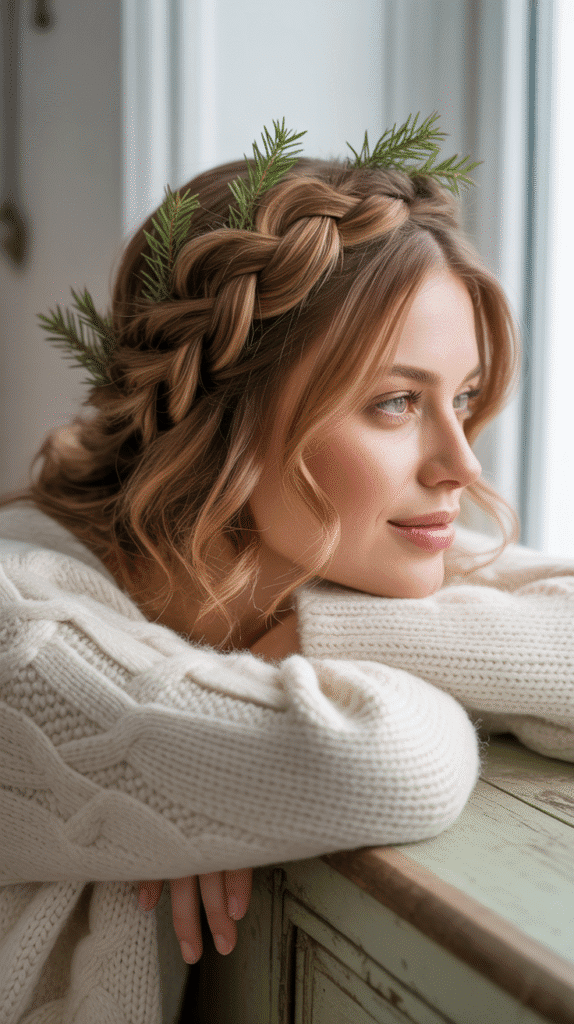 27 Chic Christmas Party Hairstyles for Medium Hair That Dazzle 21 Braided Headband with Loose Curls