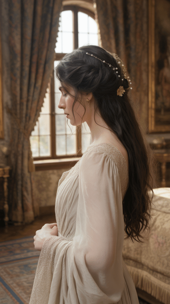33 Enchanting Medieval Wedding Hairstyles for Princesses 20 Textured Low Updo with Accessories