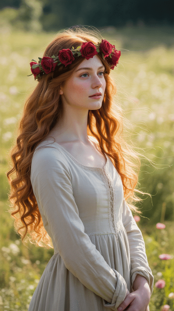 30 Romantic Medieval Hairstyles for Princesses with Curls 21 The Crown of Roses with Natural Curls