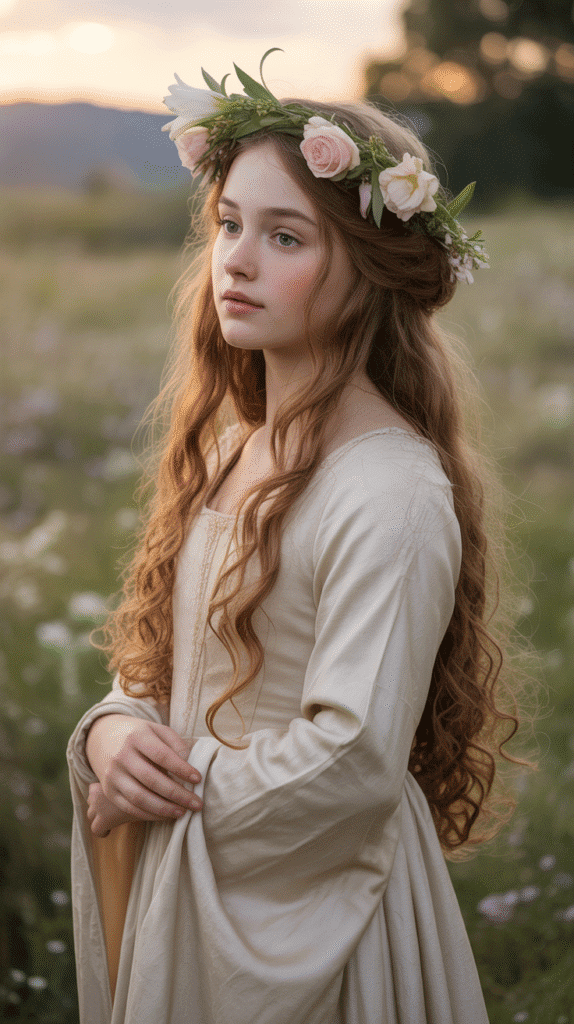 27 Royal Medieval Hairstyles for Princesses with Crowns 5 The Maiden's Cascade with Floral Crown