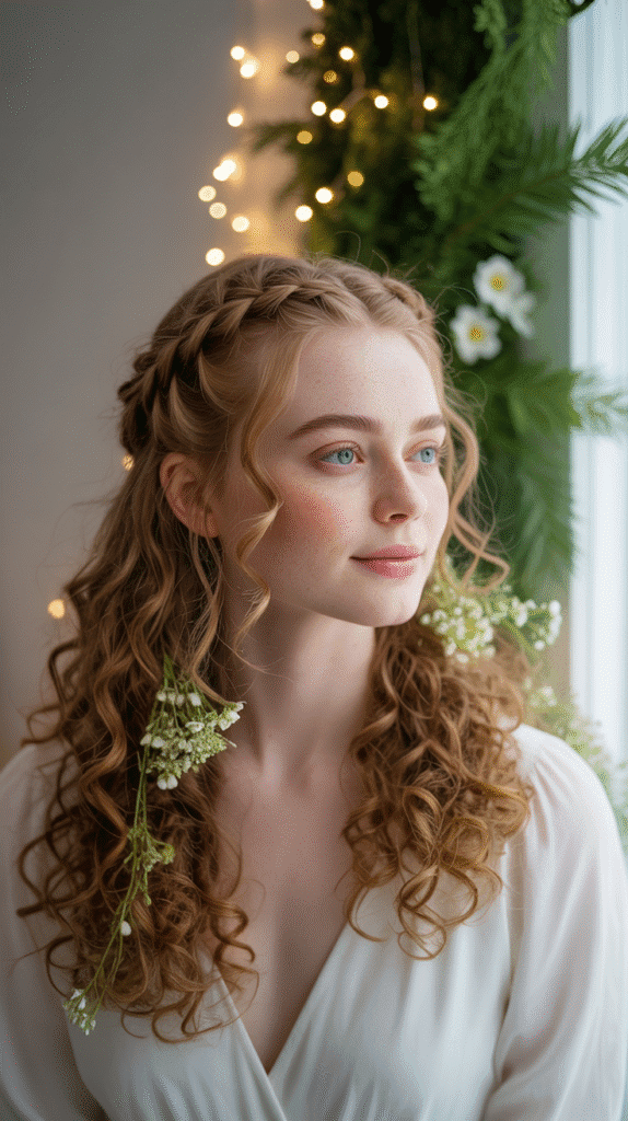 30 Gorgeous Christmas Party Hairstyles with Long Curls That Turn Heads 2 Romantic Half-Up Crown Braid