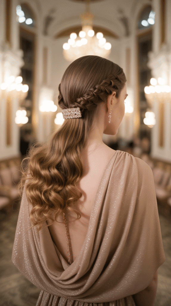 30 Gorgeous Christmas Party Hairstyles with Long Curls That Turn Heads 28 Twisted Half-Up with Embellishments