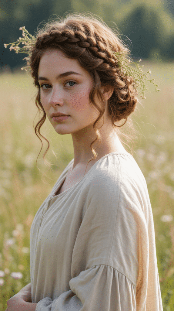 30 Romantic Medieval Hairstyles for Princesses with Curls 5 The Bohemian Milkmaid Braid Crown