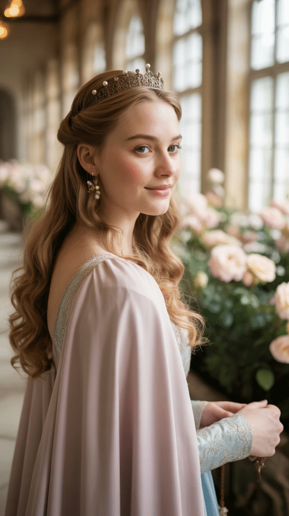 27 Royal Medieval Hairstyles for Princesses with Crowns 18 The Pinned Wave Crown Style