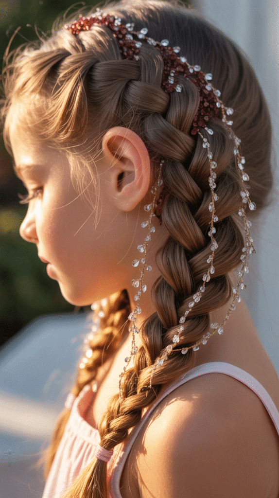 28 Fun Christmas Hairstyles for Kids with Beads Full of Holiday Spirit 11 Waterfall Braid with Crystal and Red Beads