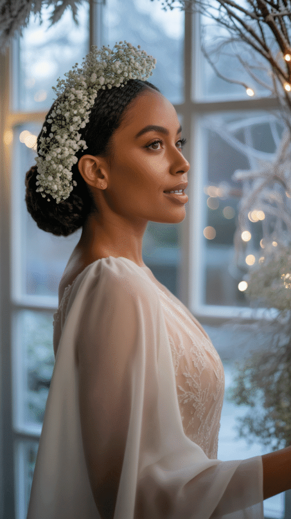 25 Breathtaking Winter Wedding Hairstyles for Black Brides 8 Twisted Chignon with Baby's Breath