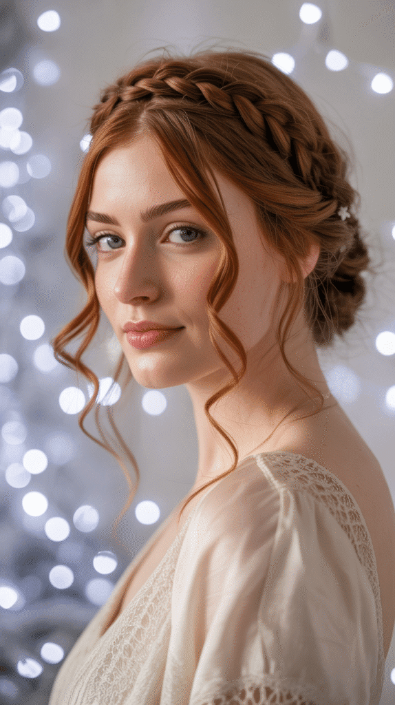 30 Easy Christmas Party Hairstyles for Medium Hair That Save Time 4 Braided Headband with Loose Curls
